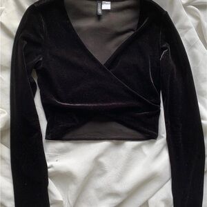 Divided Black Velvet Long Sleeve Wrap Top